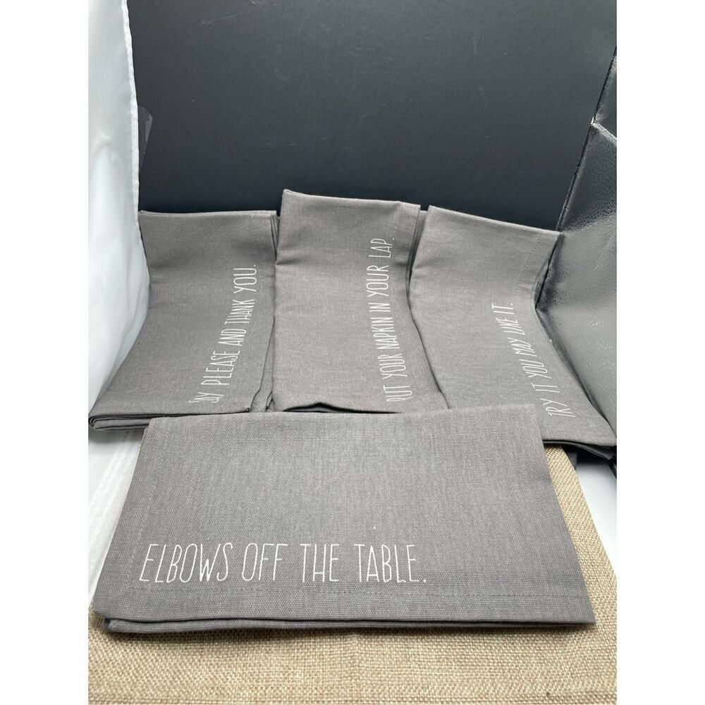 World Market Dinner Napkin Set Gray with Manners Wording 100% Cotton